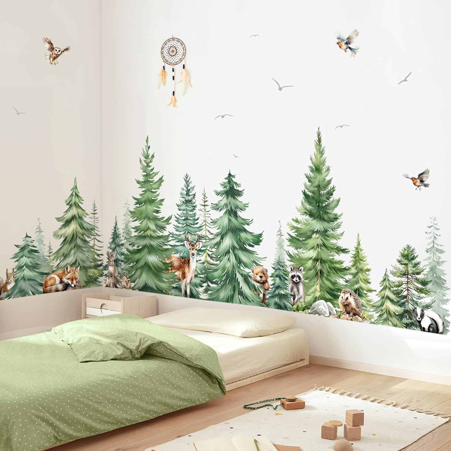 Baby Nursery Vinyl - Large Watercolor Pine Tree Animals Wall