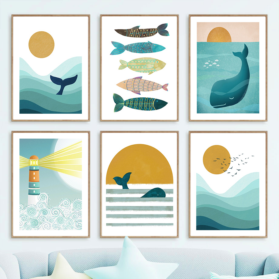 Baby Nursery Ocean - Blue Ocean Sun Fish Whale Lighthouse