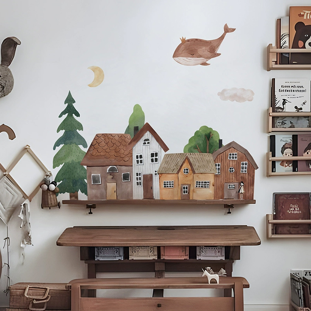 Baby Nursery Vintage - Fabric Cartoon Forest Vintage Town Wall