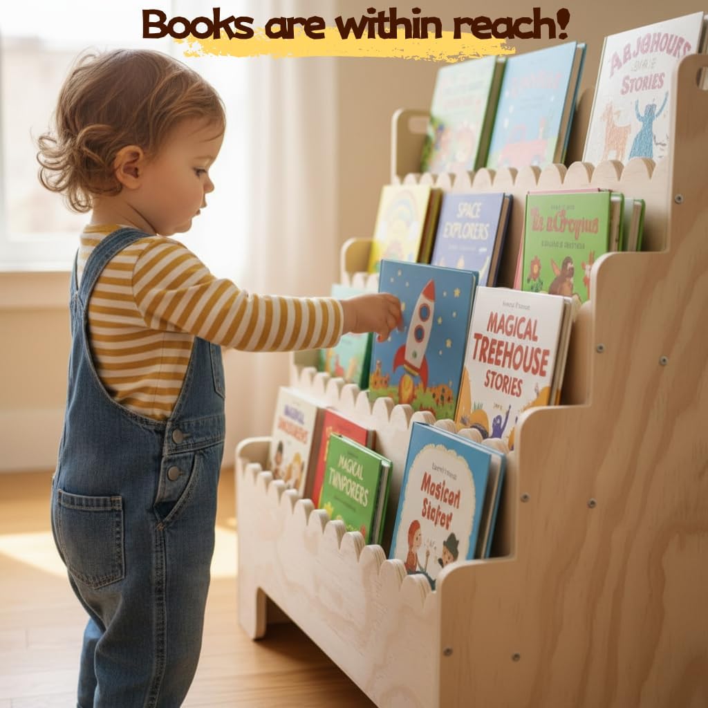 Kids Bookshelf 4-Tier, Natural - Baby Nursery Bookcase review and price